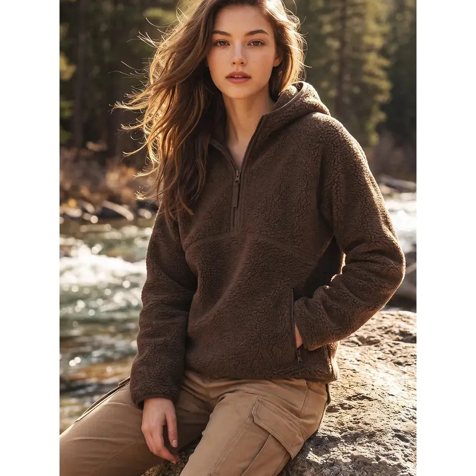 Bluivy Women's Soft Sherpa Fleece Hoodie Pullover - Espresso