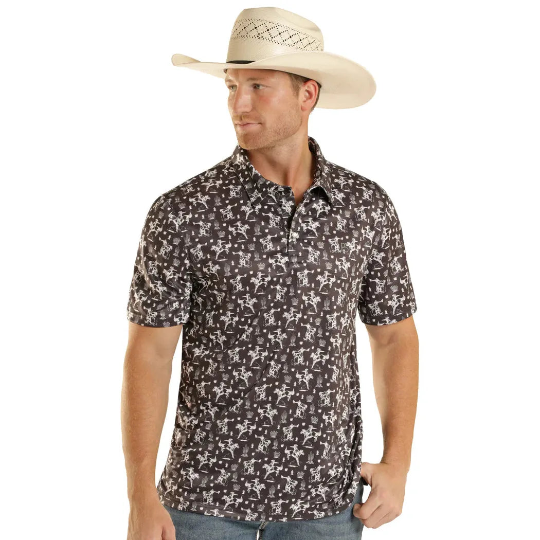 Panhandle Slim Men's Western Icon Performance SS Snap Polo Shirt - Black
