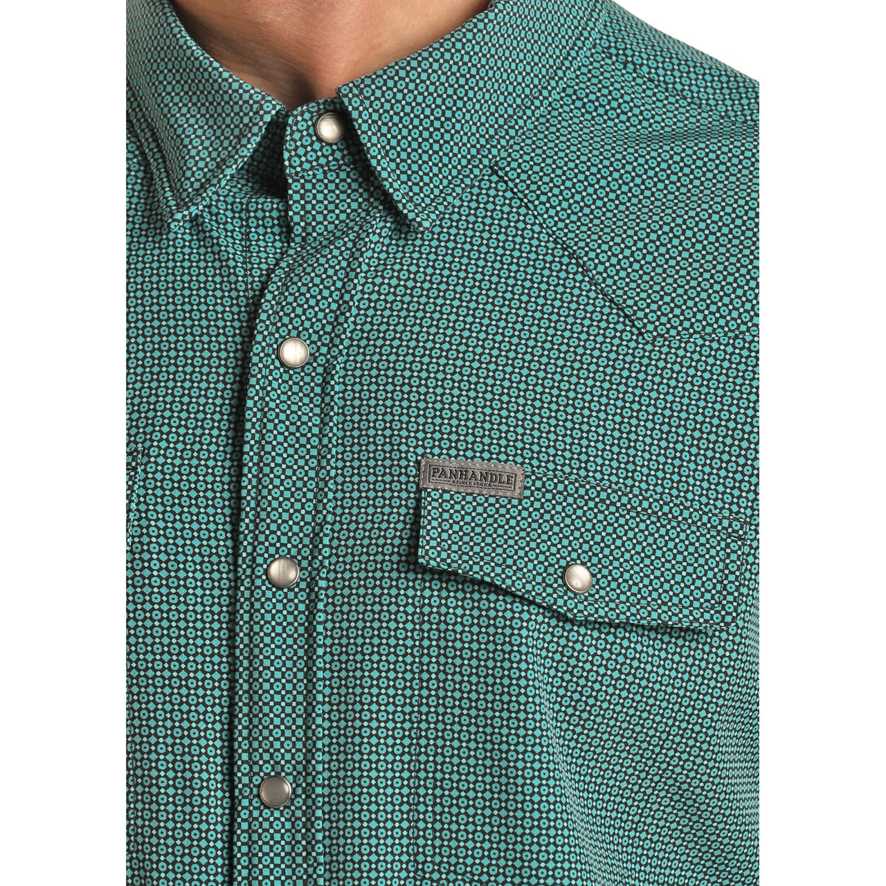 Panhandle Men's Performance Long Sleeve 2 Pocket Geometric Snap Shirt - Bright Turquoise