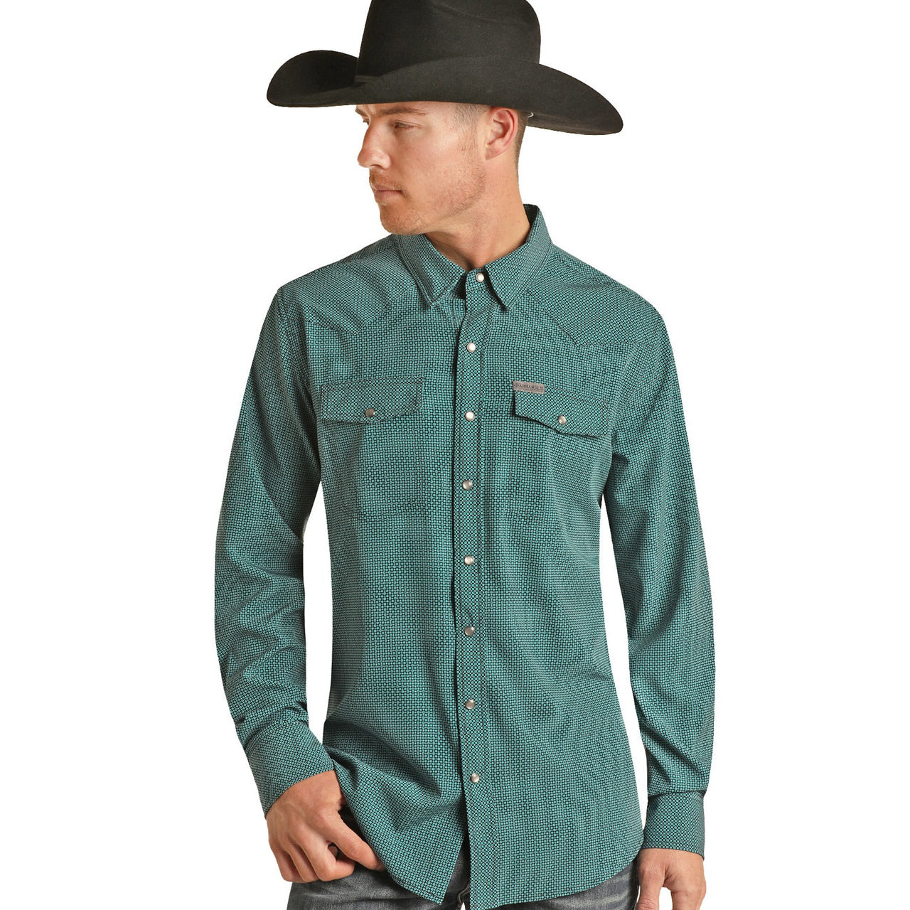 Panhandle Men's Performance Long Sleeve 2 Pocket Geometric Snap Shirt - Bright Turquoise