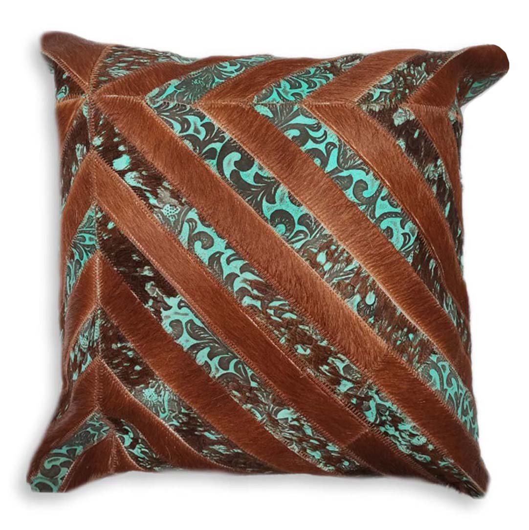 D2W Enigma Floral Cowhide Double Sided Pillow Case - Turquoise/Brown