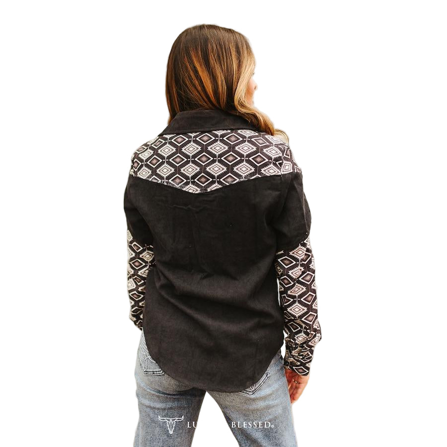Lucky & Blessed Women's Corduroy Western Print Snap Shirt- Black