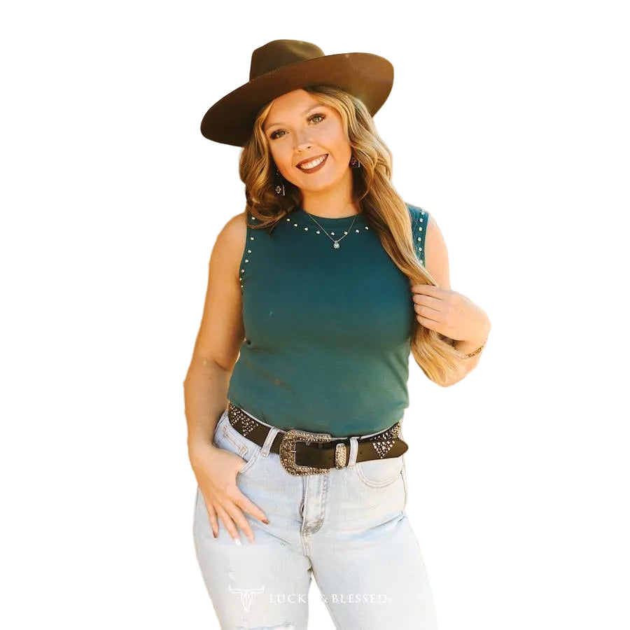 Lucky & Blessed Women's Vintage Silver Studded Tank Top - Teal