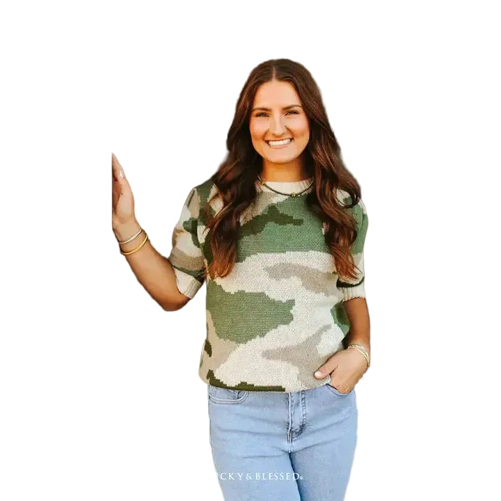 Lucky & Blessed Women's Cable Knit Puff Sleeve Sweater Top - Camo