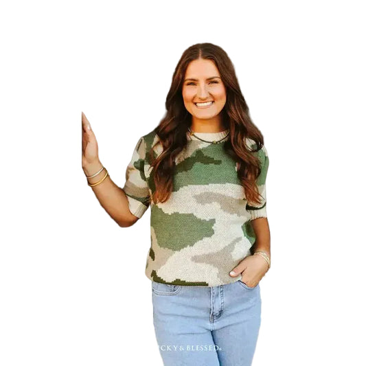 Lucky & Blessed Women's Cable Knit Puff Sleeve Sweater Top - Camo