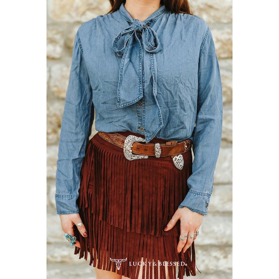 Lucky & Blessed Women's Tencel Denim Front Bow Tie Long Sleeve Blouse - Mid Wash