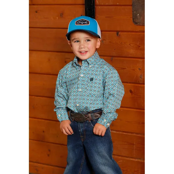 Cinch Toddler Boy's Diamond Print Long Sleeve Shirt - Blue