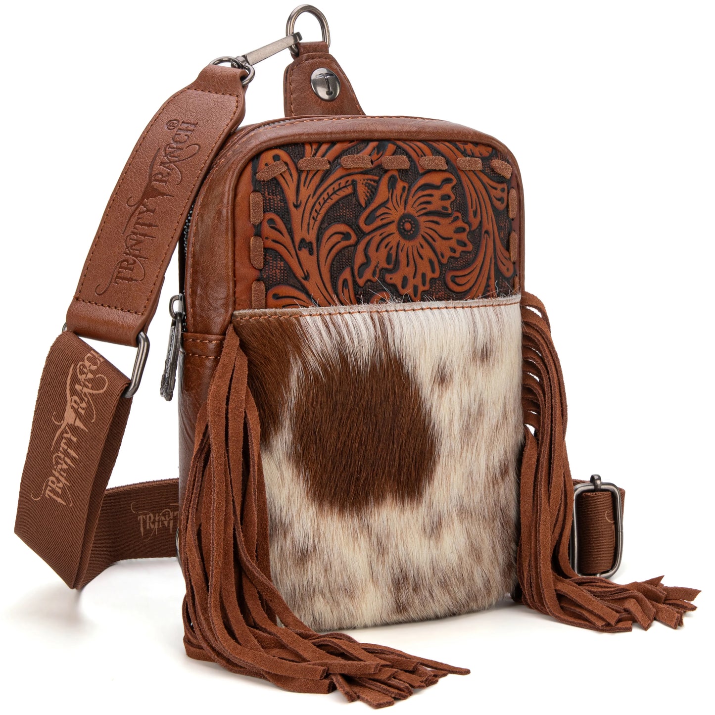 Trinity Ranch Genuine Hair On Cowhide Tooled Fringe Bag- Hot Pink
