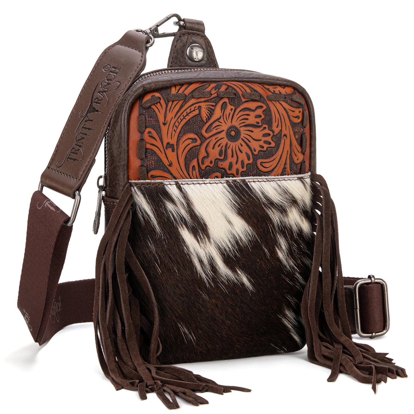Trinity Ranch Genuine Hair On Cowhide Tooled Fringe Bag- Hot Pink