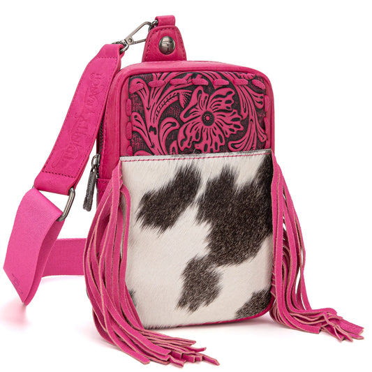 Trinity Ranch Genuine Hair On Cowhide Tooled Fringe Bag- Hot Pink