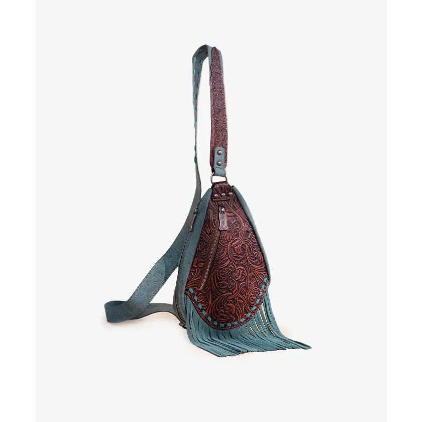 Trinity Ranch Floral Tooled Fringe Sling Bag-Turquoise