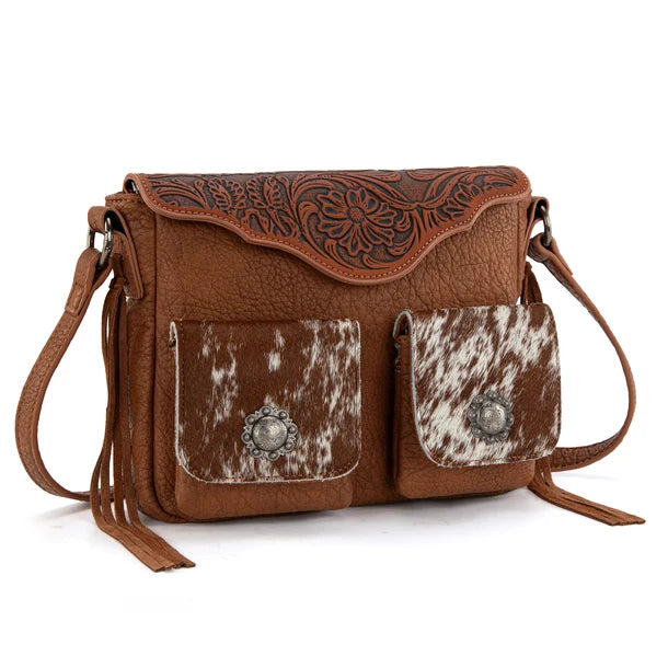 Trinity Ranch Genuine Hair On Cowhide Tooled Crossbody Bag- Multiple Colours