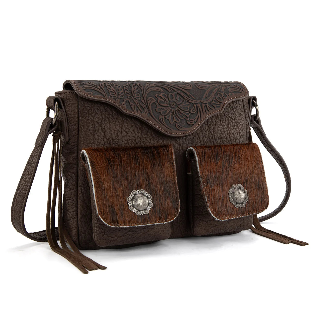 Trinity Ranch Genuine Hair On Cowhide Tooled Crossbody Bag- Multiple Colours