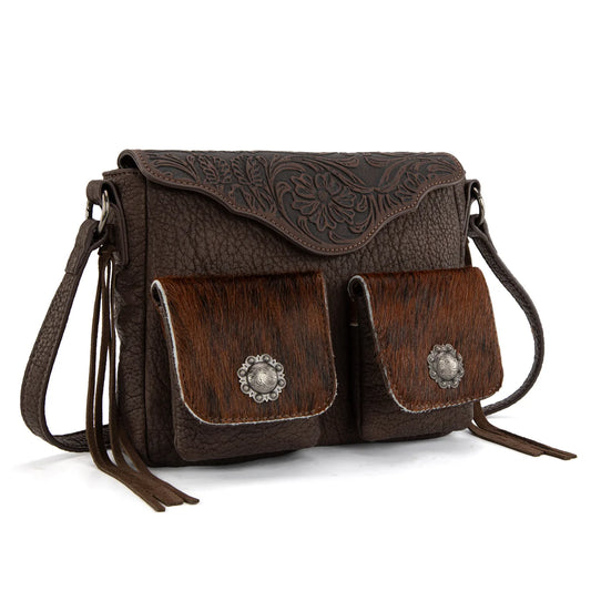Trinity Ranch Genuine Hair On Cowhide Tooled Crossbody Bag- Multiple Colours