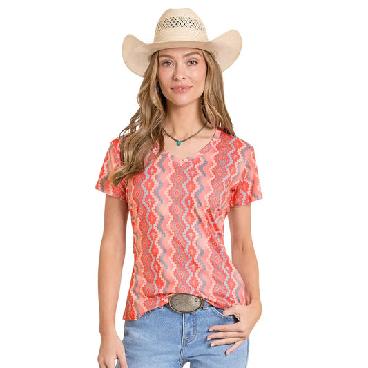 Panhandle Women's Aztec Print Performance Short Sleeve Tee Shirt - Orange
