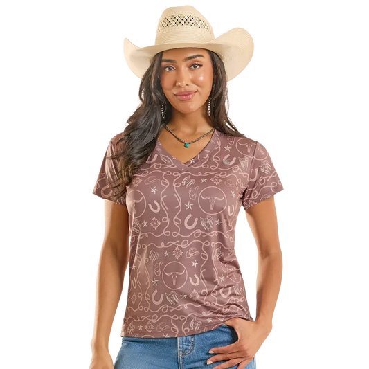 Panhandle Slim Women's Western Rope Print Performance SS Shirt - Chocolate