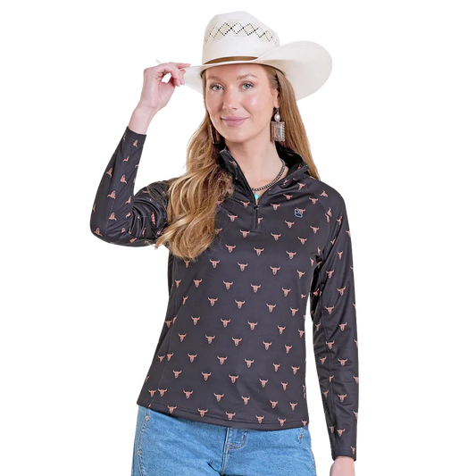 Panhandle Women's Skull Print Performance Quarter Zip Long Sleeve Pullover - Black