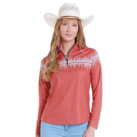 Panhandle Women's Border Print Long Sleeve Performance Quarter Zip Pullover - Rust