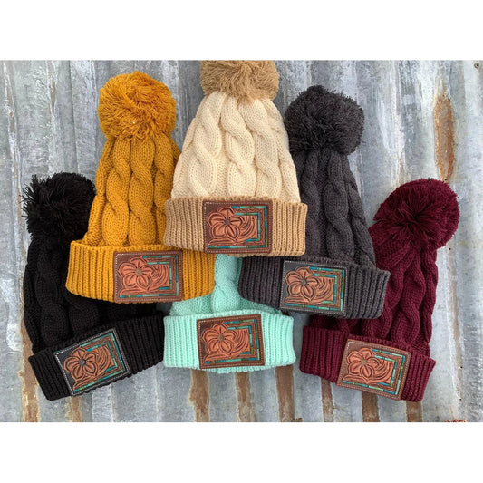 The Rodeo Rose Hand Tooled Leather Patch Knit Fitted Beanie