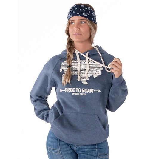 Cowgirl Tuff Unisex Aztec Buffalo Print Pullover Hooded Sweatshirt - Navy