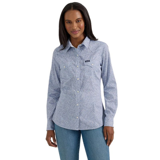 Wrangler Women's Long Sleeve Retro Western Dress Shirt- Blue