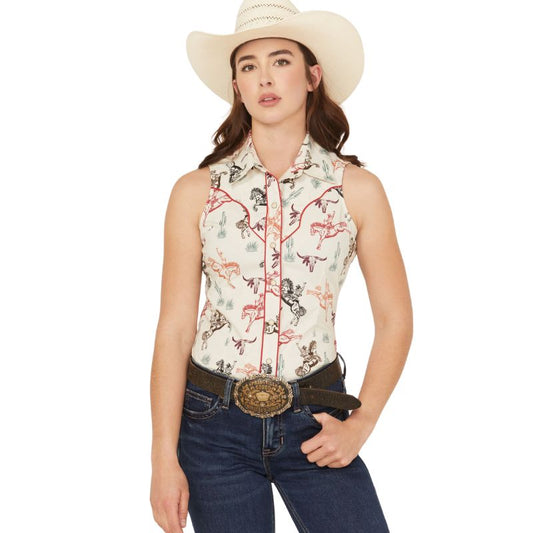 Rock & Roll Women's Horse Print Sleeveless Snap Shirt- Natural