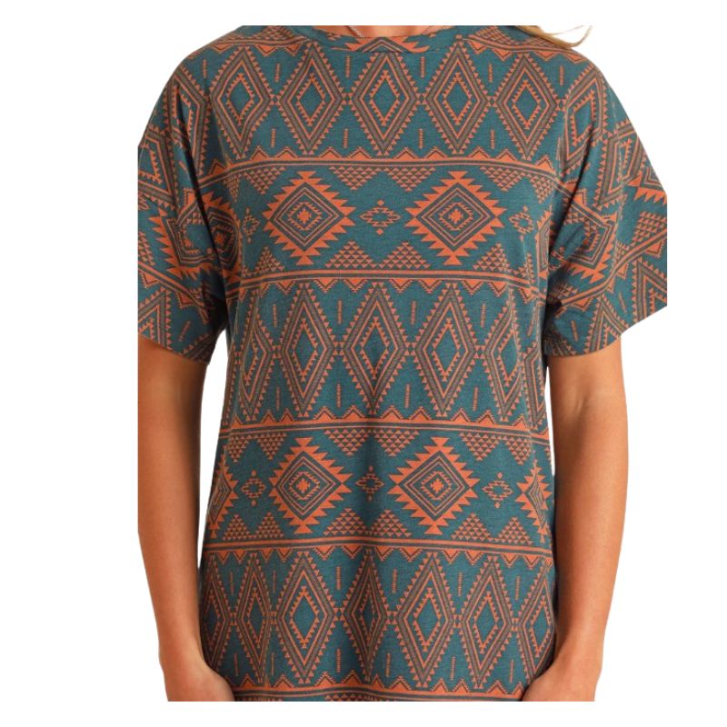Rock & Roll Women's Aztec Printed Tee Shirt Dress- Teal