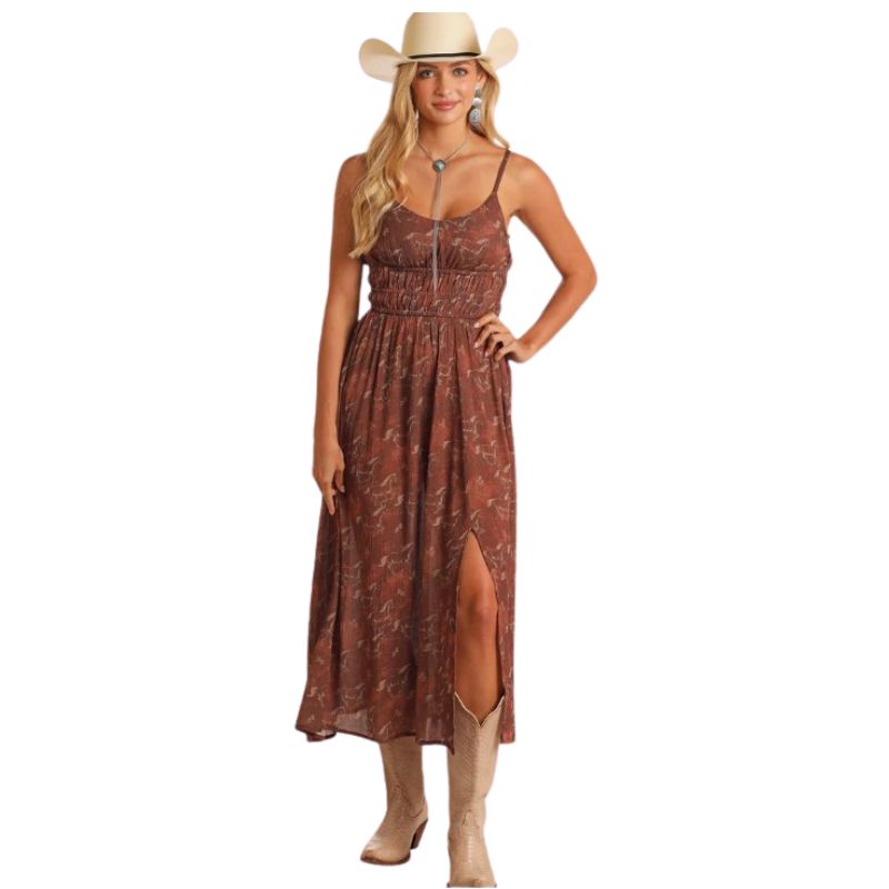 Rock & Roll Women's Horse Print Midi Dress- Brown