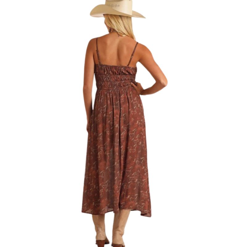 Rock & Roll Women's Horse Print Midi Dress- Brown