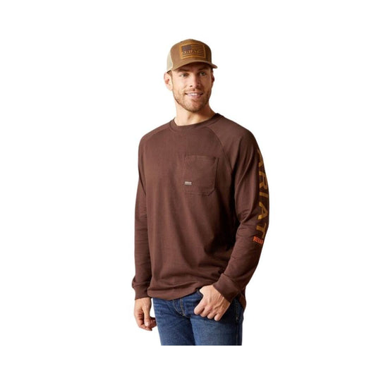 Ariat Men's Long Sleeve Rebar Cotton Strong Graphic Tee Shirt - Coffee Bean/ Golden Brown