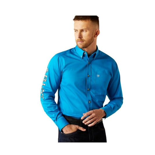 Ariat Men's Long Sleeve Team Logo Twill Fitted Shirt- Blue/Dark Blue