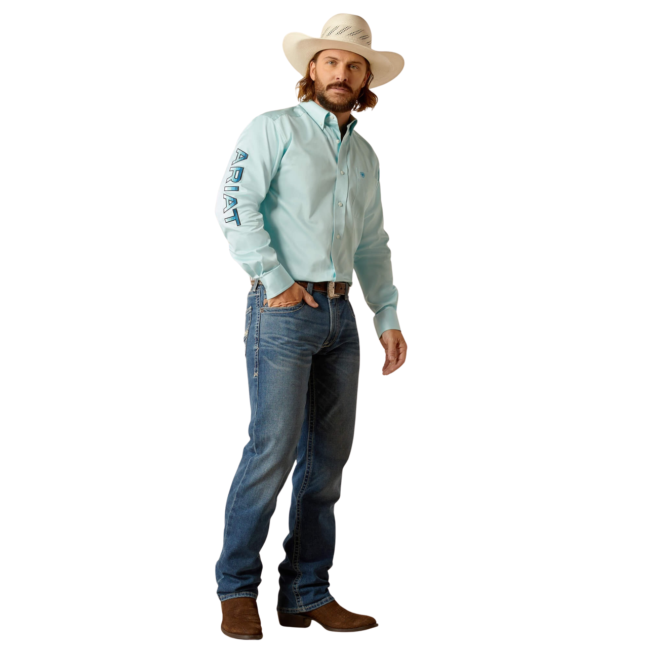 Ariat Men's Team Logo Twill Fitted Long Sleeve Shirt - Light Aqua