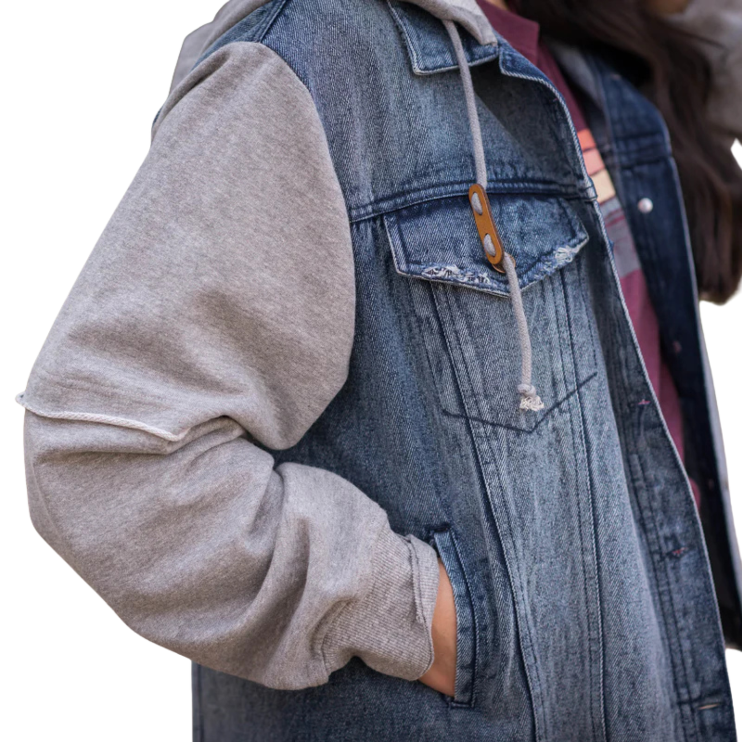 STS Ladies Cassie Jo Denim Jacket with Grey Knit Sleeves - Blue/Grey