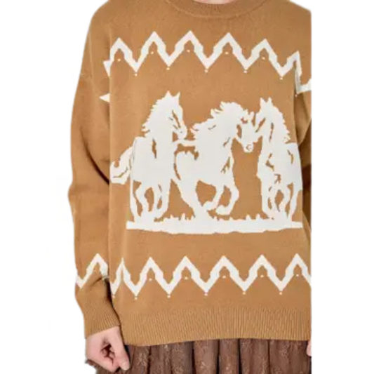 BaeVely Women's Horse Graphic Knit Sweater- Camel/Ivory