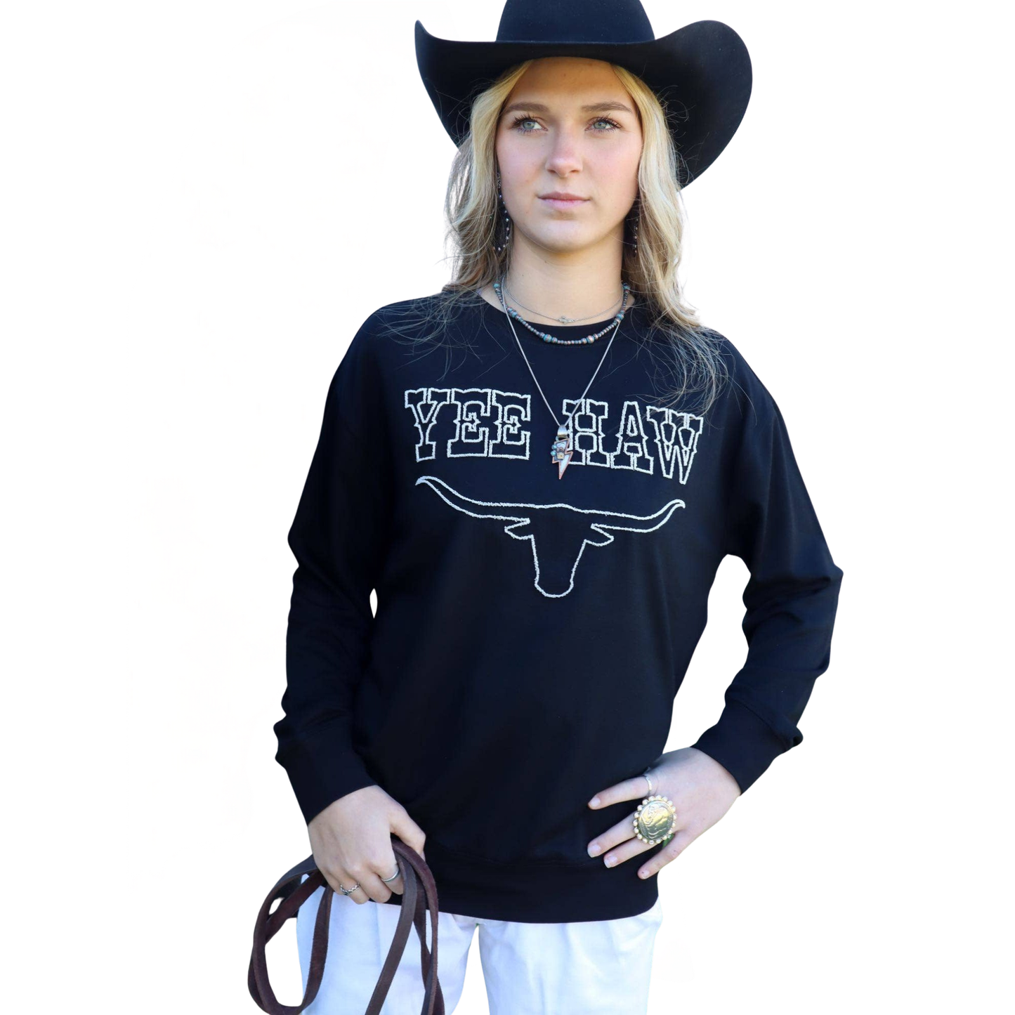 Merigold Kiss Women's Yee Haw Longhorn Long Sleeve Shirt - Black
