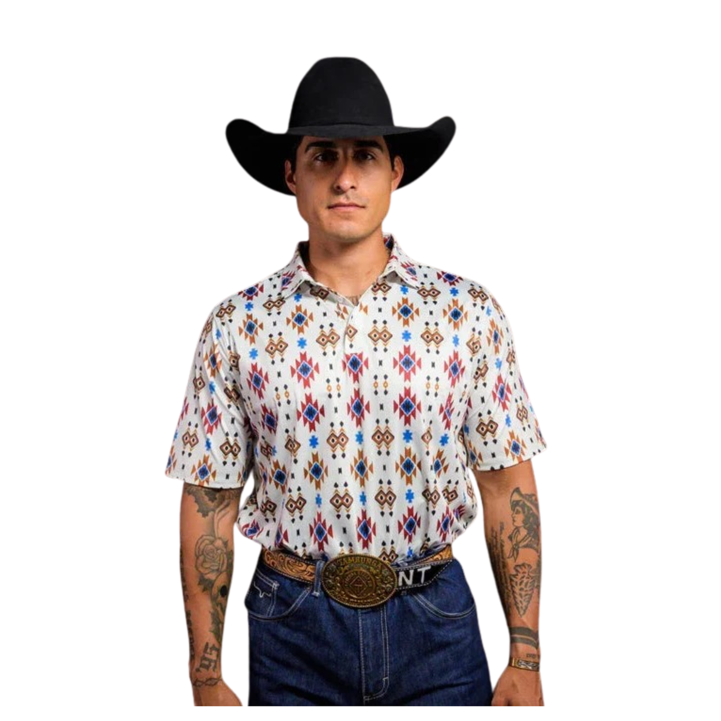 Ferrell Men's The Slim Polo Short Sleeve Snap Shirt - White with Coloured Design