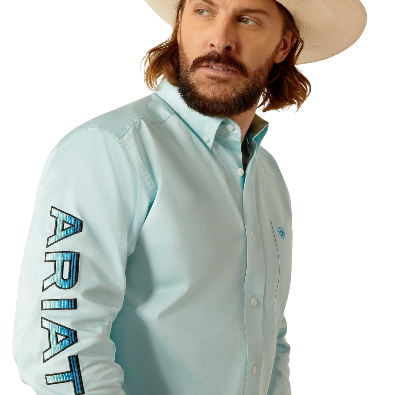 Ariat Men's Team Logo Twill Fitted Long Sleeve Shirt - Light Aqua