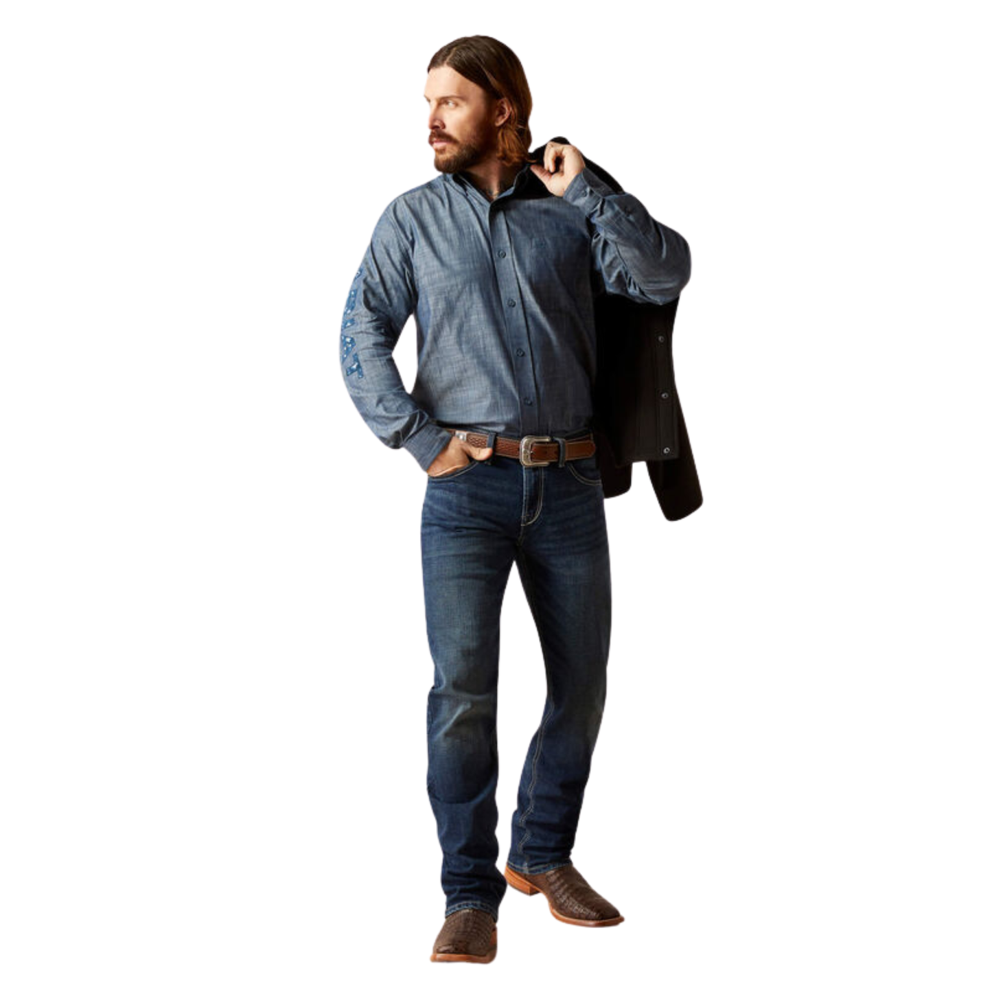 Ariat Men's Team Logo Chambray Classic Fit Shirt- Blue Chambray