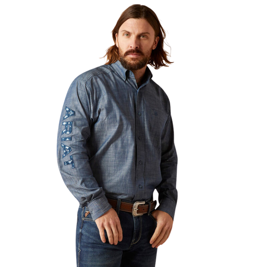 Ariat Men's Team Logo Chambray Classic Fit Shirt- Blue Chambray