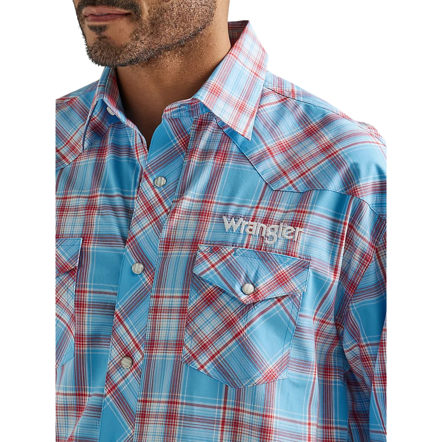 Wrangler Men's Logo Long Sleeve Western Snap Plaid Shirt - Sunny Blue