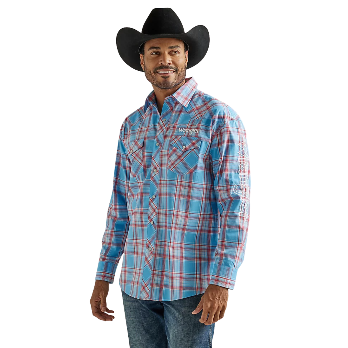 Wrangler Men's Logo Long Sleeve Western Snap Plaid Shirt - Sunny Blue