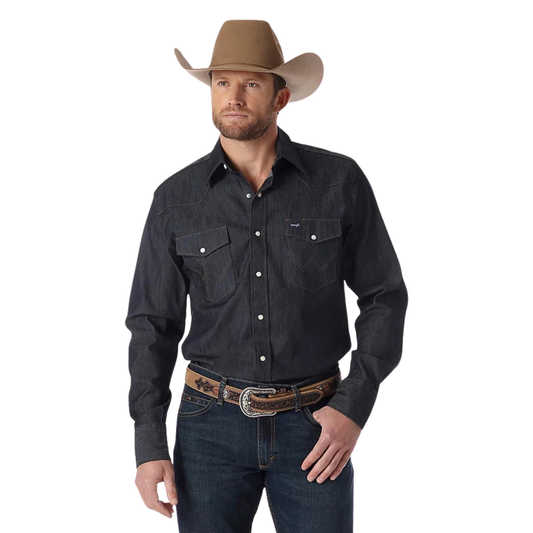 Wrangler Men's Premium Performance Advanced Comfort Cowboy Cut Long Sleeve Spread Collar Solid Shirt - Denim