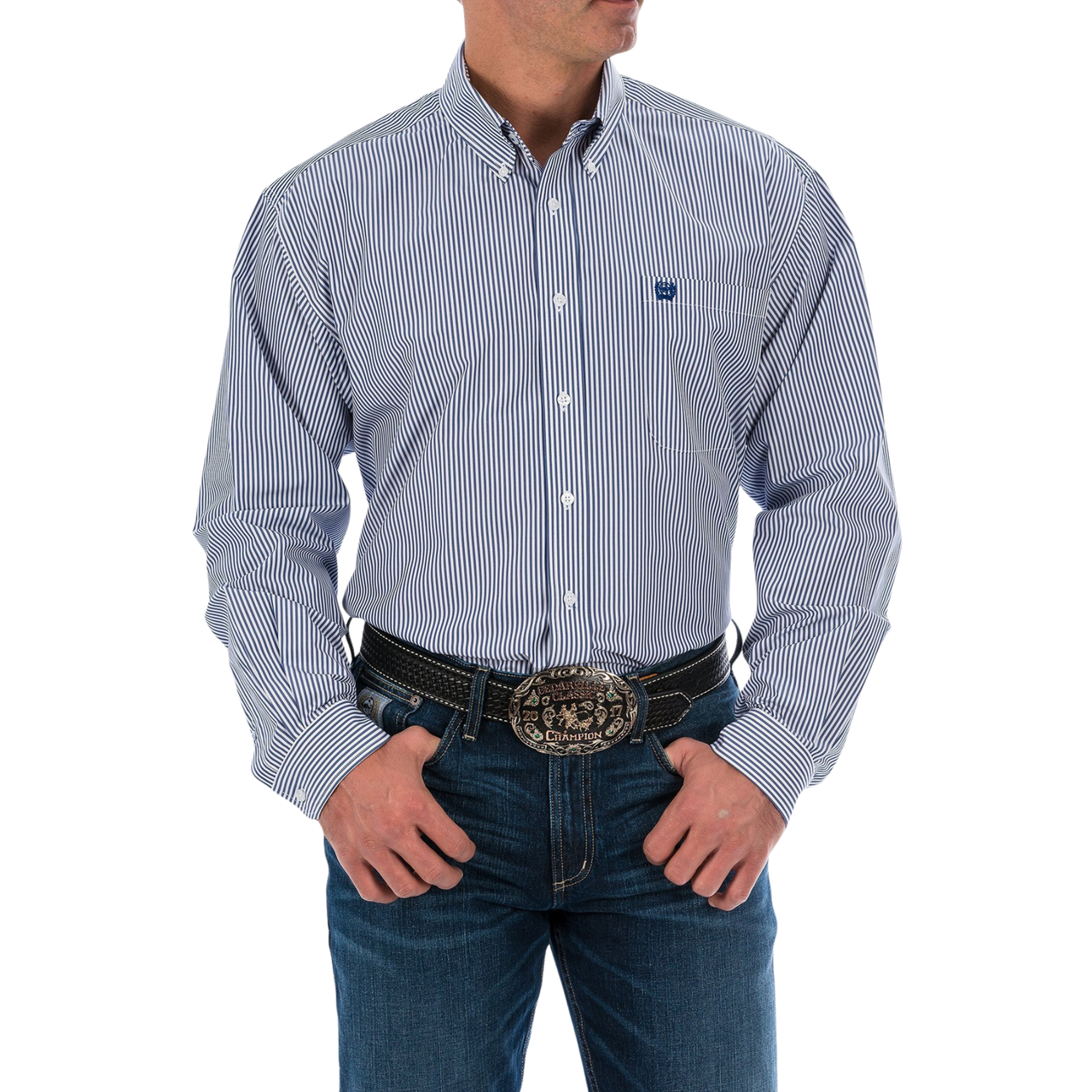 Cinch Men's Classic Fit Tencel Stripe Button-Down Long Sleeve Shirt - Royal Blue
