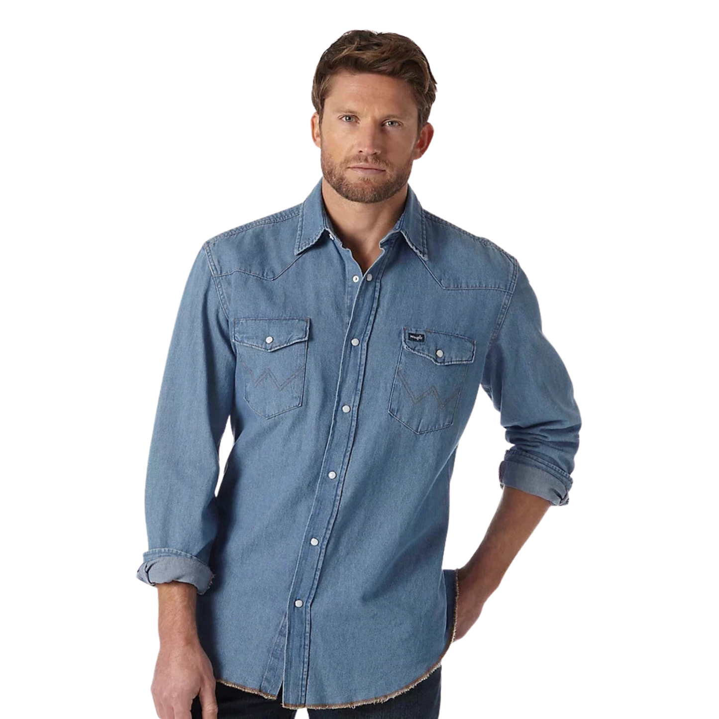 Wrangler Men's Cowboy Cut Denim Snap Work Shirt - Stonewash - Irvine Tack & Western Wear