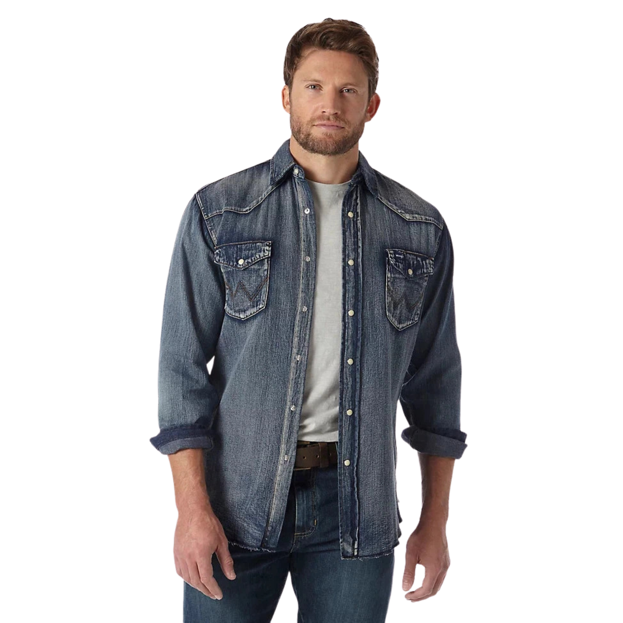 Wrangler Men's Cowboy Cut Long Sleeve Western Denim Snap Work Shirt - Antique Blue