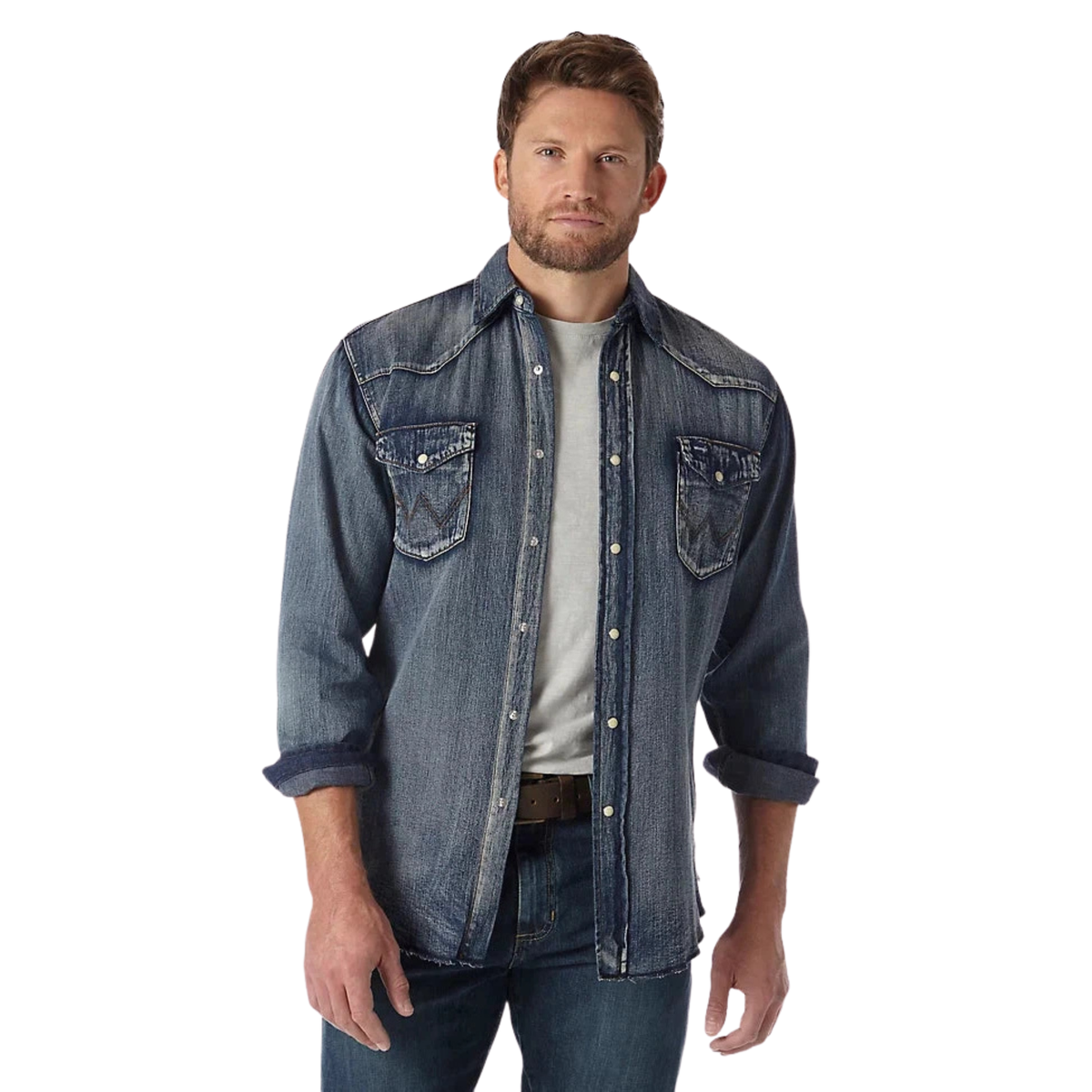 Wrangler Men's Cowboy Cut Long Sleeve Western Denim Snap Work Shirt - Antique Blue - Irvine Tack & Western Wear