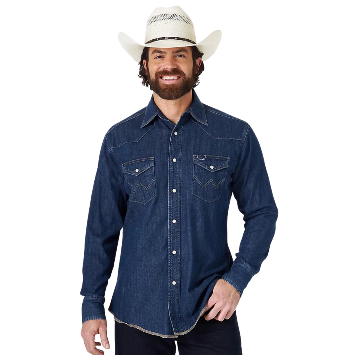 Wrangler Men's Cowboy Cut Long Sleeve Western Denim Snap Work Shirt - Dark Denim - Irvine Tack & Western Wear