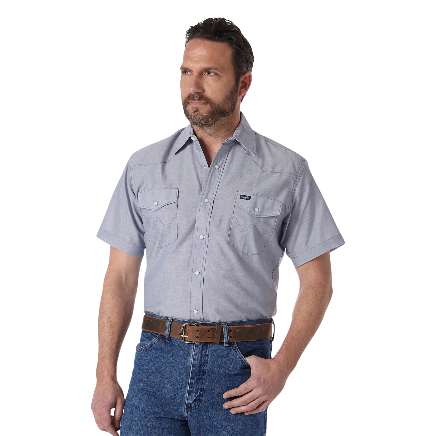 Wrangler Men's Cowboy Cut Work Short Sleeve Western Snap Solid Shirt - Chambray