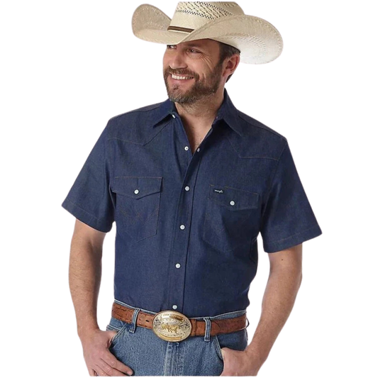 Wrangler Men's Cowboy Cut Firm Finish Denim Short Sleeve Western Work Shirt - Rigid Indigo