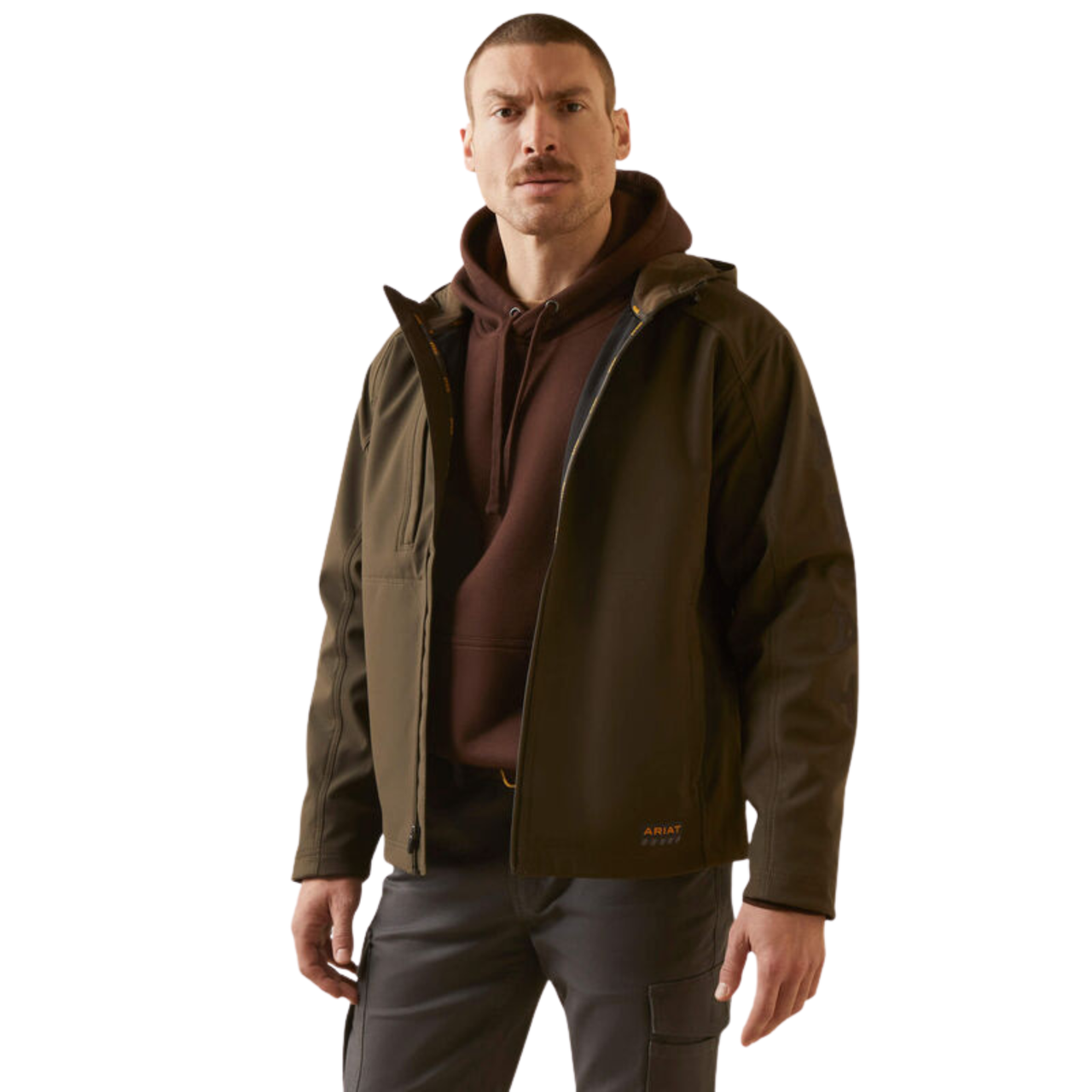 Ariat Men's Rebar Stretch Canvas Softshell Hooded Logo Jacket  Wren/Black